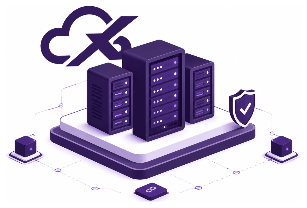 שלושה שרתים פיזיים על משטח אחד, מחוברים לענן CloudX ומוגנים במגן אבטחה