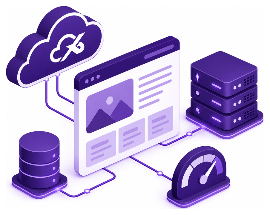 אתר אינטרנט בחלון דפדפן, מחובר לענן CloudX, למסד נתונים, לשרת אחסון ולמד מהירות