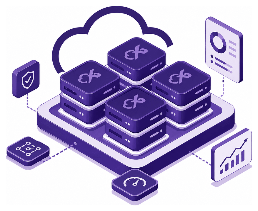 ארבעה שרתים וירטואליים עם סמל CloudX על משטח ענן אחד, לצד סמלי אבטחה, ניטור וביצועים